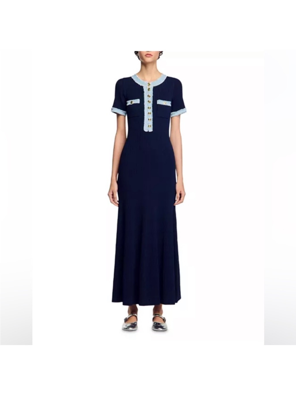 Sandro Alecia Ribbed Denim Midi Dress